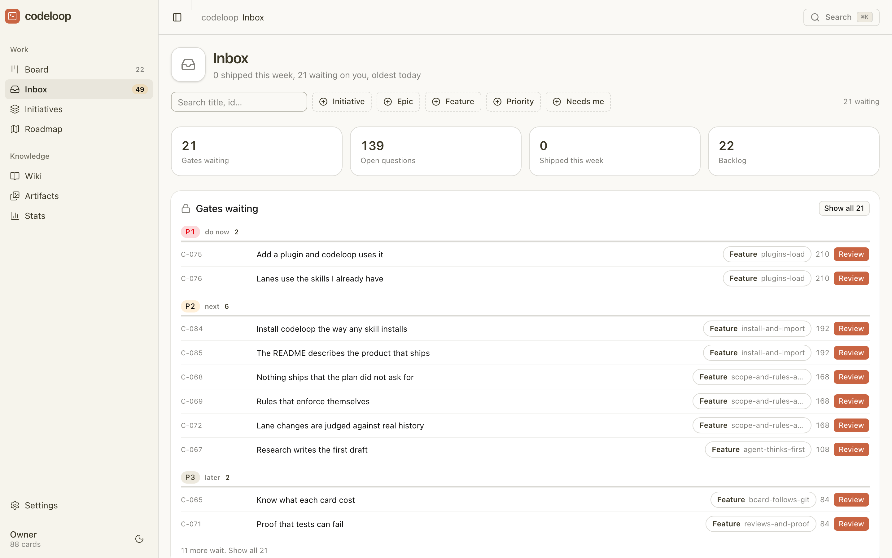 The inbox listing stories waiting for a person